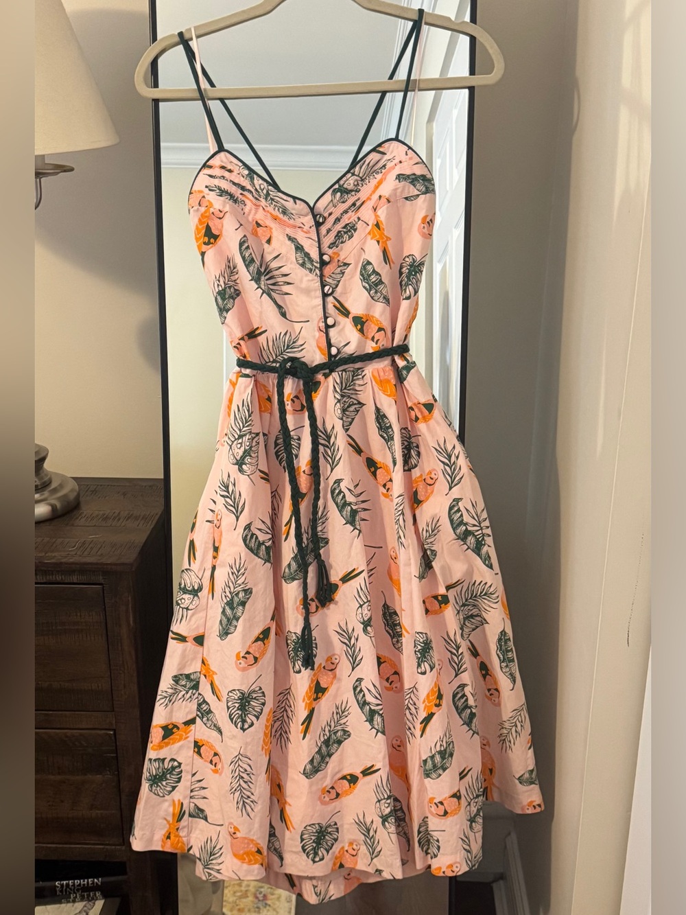 Pink Parrot Print Sundress with Black Trim